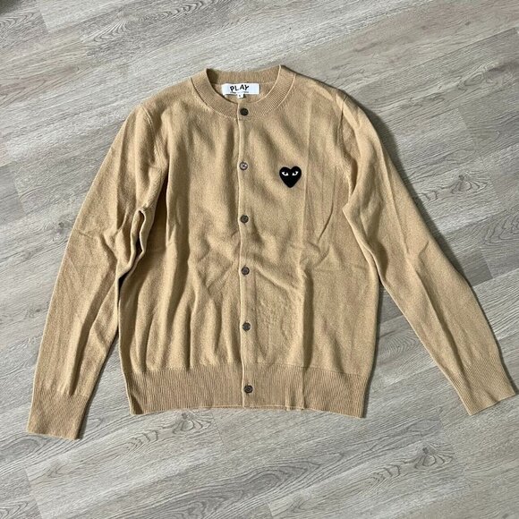 Comme Des Garcons Sweaters - Comme Des Garçons Play embroidered heart cardigan in beige/black, 100% wool